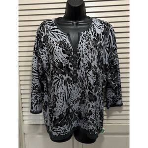 Cathy Daniel's Black/Gray‎ Tiger Sweater Round Buttons 3/4 Sleeve Size L Ribbed